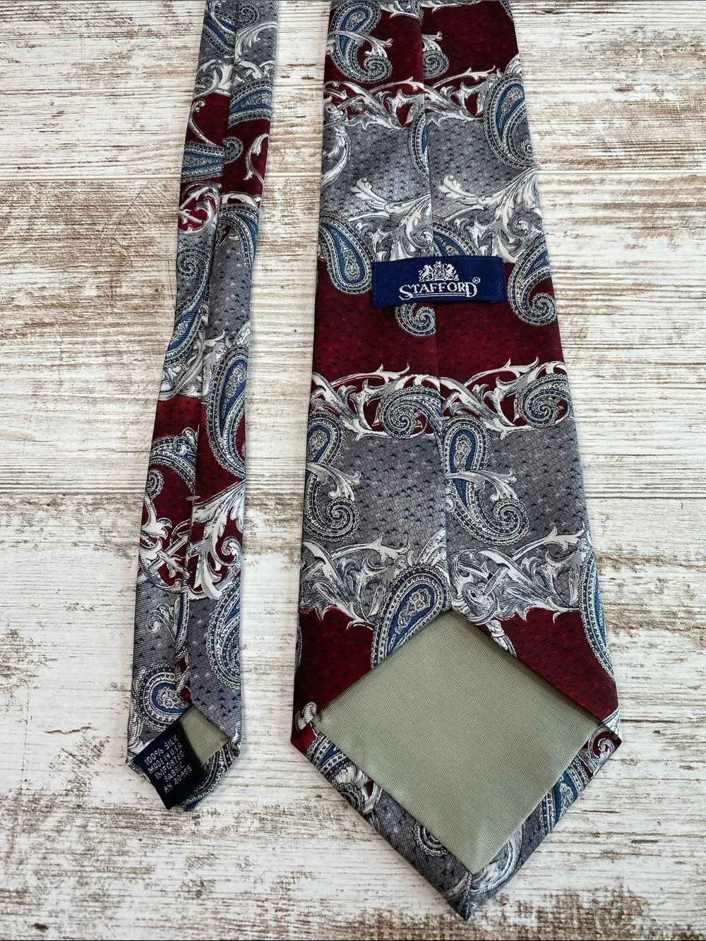 Stafford Silk Tie Burgundy Gray Paisley Wide 4.25” Vintage Style Necktie